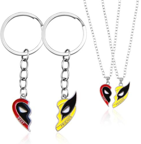 Aisikoo 4 Stück Deadpool Wolverine Freundschaftskette, Deadpool Maske Schlüsselanhänger, Wolvorine Ketten Geschenk für Beste Freunde