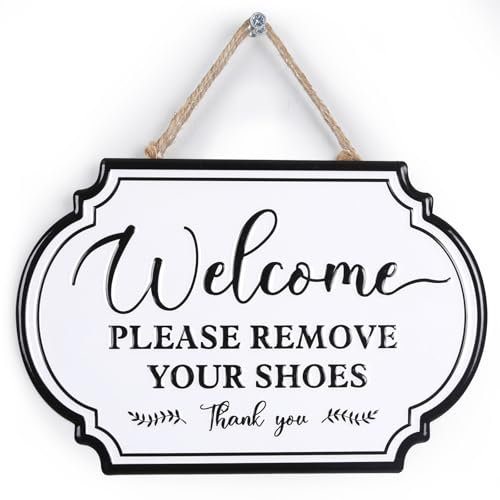 LIVDUCOT Metal Please Remove Your Shoes Sign 12x 8, Please Take Off Shoes Farmhouse Home Porch Decor, Welcome Front Door No Shoes House Tin Sign