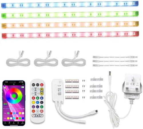 Cefrank RGBW LED Strip Lights Kit - 4Pcs 30cm Linkable RGB LED Light Bar Kit for Display Cabinet, Smart App & Remote Control, Music Sync, Multi-Colors - UK Plug, Multicolour