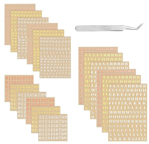VZU 18 Blätter Kleine Buchstabenaufkleber, Klebebuchstaben, Mini Buchstaben Aufkleber, Metallbuchstaben & Zahlen Aufkleber, Selbstklebende Glitter Sticker für Harz Scrapbooking (Gold, Silber, Rosé)