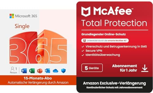 Microsoft 365 Single | 15 Monate | 1 Nutzer | Office & 6TB Cloud | PC/Mac/Mobile + McAfee Total Protection | 5 Geräte | Antivirus & VPN | PC/Mac/Mobile | 1 Jahr Auto-Renewal