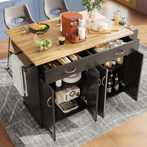 KUAKE Isola della cucina indipendente con piano di lavoro pieghevole, mobile da cucina su 5 ruote, con ripiano e 2 cassetti, per sala da pranzo (nero B)