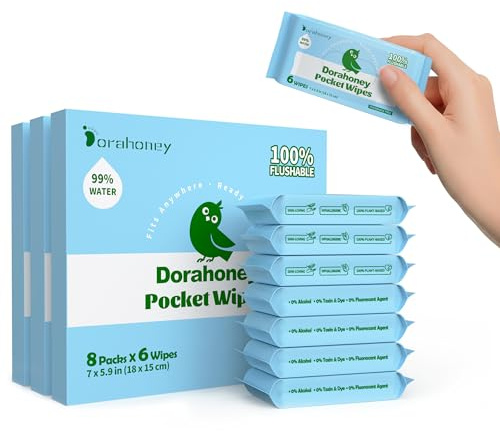 Dorahoney Mini Flushable Wet Wipes, Travel Size, 99% Water, Unscented & Hypoallergenic for Adults, Kids and Baby Care with Sensitive Skin - Pocket-Sized Travel Essentials, 24 Pack (144 Wipes Total)