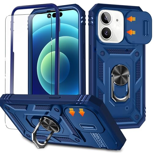 YmhxcY for iphone 12/12 Pro Case with Camera Cover Slider,Screen Protectors,Build in 360°Rotating Ring Kickstand, Military Grade Protective Case for iphone 12/12 Pro 6.1-Blue