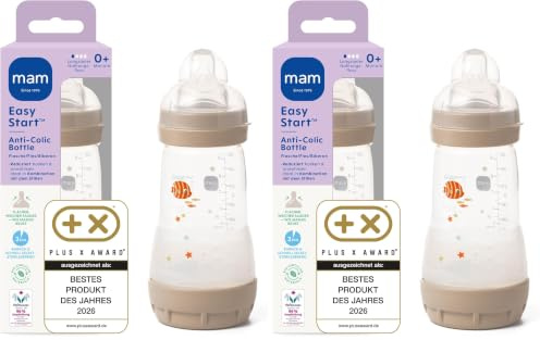 MAM Easy Start Anti-Colic Baby Bottle (260 ml) | 0+ Mon | Babyflasche mit Bodenventil | 94% Akzeptanz | 96% Hebammen-Empfehlung | 80% weniger Koliken | Fisch/beige/cotton (Packung mit 2)