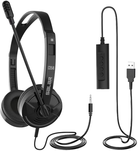 SYXLPA Over-Ear Headphones With Microphone Wired Headphones USB/3.5 mm Headphone Jack Adjustable Noise Cancelling Business Office Headsets with In-Line Control for Computer Laptop Home Office Teams
