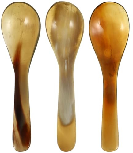 SEWACC Küchen Dessertlöffel aus Yak Horn 3 Stück 14cm mit Langem Griff Verschleißfest für Kaffeehaus und Zuhause Leicht zu Reinigen