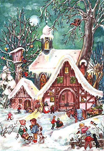 Nostalgischer Adventskalender mit Bildern und Glitzer für Kinder und Erwachsene Winterliches Treiben