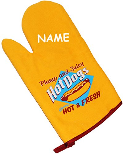 Topfhandschuh - Hot Dogs/Hot & Fresh - incl. Name - mit extra Langen Schaft/Grillhandschuhe - Topfhandschuhe - 100% Baumwolle/Leinen - Retro Vintag..