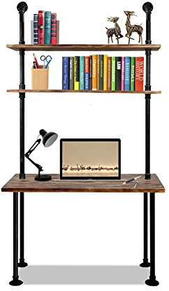 Industrial Laptop Desk Wooden Computer Desk Pipe Shelf Computer Table