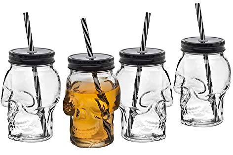 Godinger Skull Mason Jar Mug Glass Tumbler with Lid and Straw - 16 oz, Set of 4