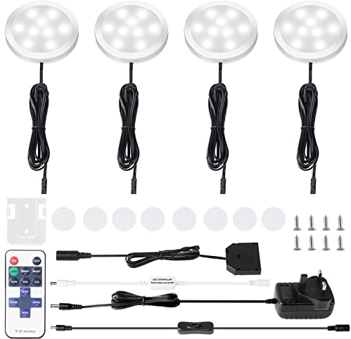 AIBOO LED Under Cabinet Kitchen Lights Wired Plug in with Remote,Dimmable 4 Pack Under Cupboard Kitchen Lights 12V Mains,12W Puck Lights Under for Cupboard Counter Shelf Lights (6000K Daylight White)