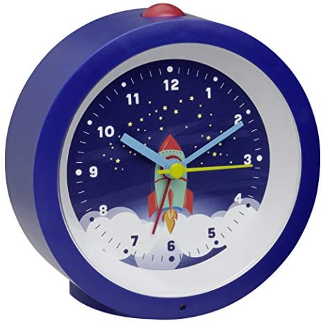 TFA Dostmann Analoger Wecker Kinder Rakete, 60.1033.06, für Astronauten, ohne Ticken, Weckalarm und Beleuchtung, als Geschenk für Schulkinder, Geburtstage und Weihnachten, blau