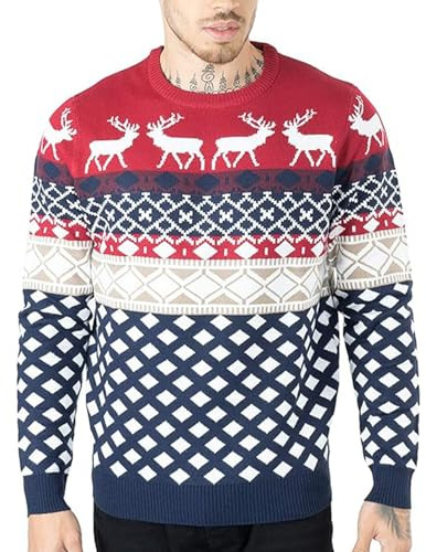 NOROZE Unisex Herren 70er Jahre Retro Weihnachten Strickjacke Strickpullover (XXL, 4 Rentier Rot)