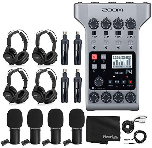 Zoom PodTrak P4 Portable Multitrack Podcast Recorder + 4x Zoom M-1 Mic + 4x Headphones + Windscreens + XLR Cables + 4x Tabletop Stand + Cloth – 4 Person Podcasting Mic Pack Bundle