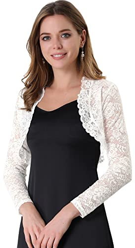Allegra K Women's Elegant Crop Cardigan Sheer Floral Lace Bolero Shrug Top Large White