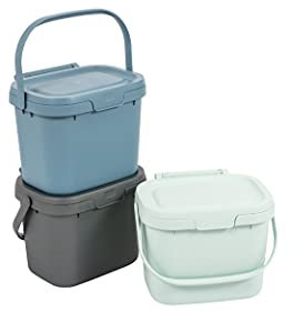 Addis Everyday Kitchen Food Waste Compost Caddy Bin utility Set of 3 mixed colours Metallic Silver, Air Blue, Mist, 3 x 4.5 litres