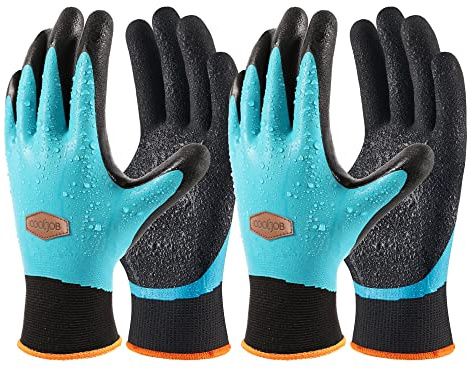 COOLJOB Waterproof Gardening Gloves for Women & Men, 2 Pairs Grip Double Latex Coated Work Gloves with Grip for Motorcycle, Car Washing, Blue & Black, Medium Size (2 Pairs M)
