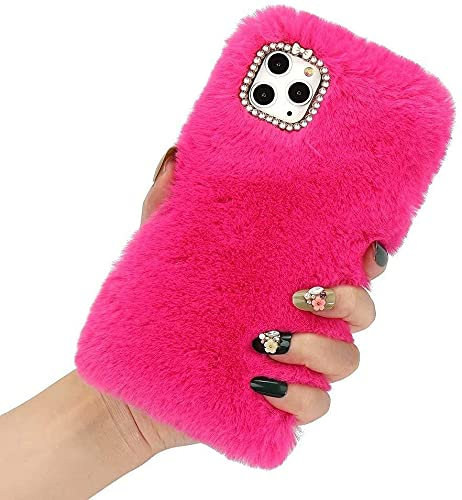 Awenroy for iPhone 11 Plush Case Flexible Silicon Soft Fluffy Furry Cute Case Shockproof Back Bumper Cover with Glitter Diamond Bowknot Case - Rose Red