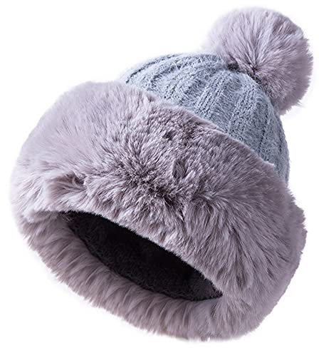 JFAN Warm Mütze Bommelmütze Damen Pudelmütze Winter Ski Mehrfarbig Mode Flauschige GEH?keltes Fell Strickmütze Grau One Size