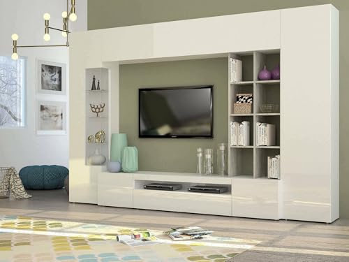 Dmora - Système Mural Ocean, Ensemble de Salon Meuble TV, Meuble de Salon Polyvalent avec lumière LED, 100% Made in Italy, 290x40h192 cm, Blanc Brillant et béton