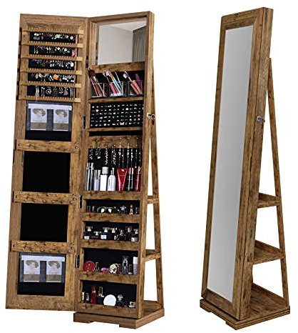 DlandHome Schmuckschrank mit Spiegel Stehend & 360 ° Drehbarer Basis, Spiegelschrank Stehend abschließbarer, Standspiegel Schmuckschrank Drehbar, Spiegelschrank für Schmuck,Retro Farbe