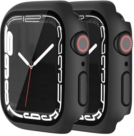 HANKN 2 Piezas Duro Mate Funda para Apple Watch Series 9 8 7 41mm Funda Protector de Pantalla Vidrio Templado, Cobertura Completa Claridad Case Rígida Iwatch Estuche (41 mm, Negro+Negro)