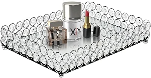 Belle Vous Bandeja Decorativa con Espejo y Cristales para el Tocador - 20,5 x 32 cm - Bandeja Baño Organizador Perfumes, Joyas, Maquillaje y Artículo de Aseo