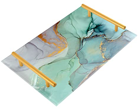 Bandeja decorativa de mármol de tinta verde azulado con asa para baño, dormitorio, decoración del hogar