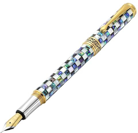 Xezo Maestro Jubilee Fountain Pen, Fine Nib. Checkered Oceanic White Mother of Pearl and Iridescent Pāua Abalone Shell. 18 Karat Gold Layered. Limited Edition, Only 223 Pieces Made. No Two Pens Alike