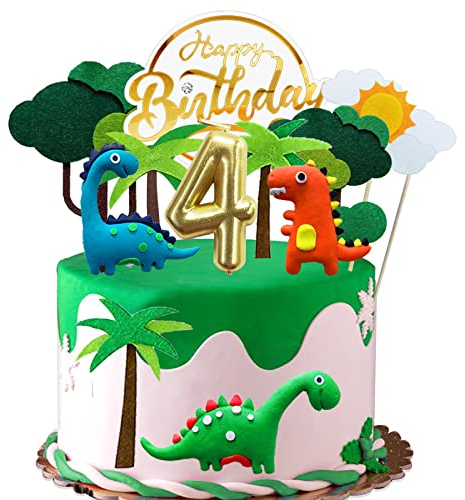 Dino Tortendeko 4 Jahre Junge Kinder, Kuchendeko Dinosaurier mit Geburtstagskerze 4, Tortendeko Junge 4. Geburtstag, Happy Birthday Tortendeko Dinosaurier 4 Jahre