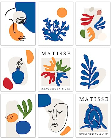 SUPERDANT 9 Blatt Matisse Leinwand-Wandkunst Abstrakte Gesichter Kunstdrucke Ungerahmte Matisse-Poster-Sets Morandi-Sonne Mond Blätter Leinwanddrucke Für Wohnzimmer Büro Schlafzimmer Dekorationen