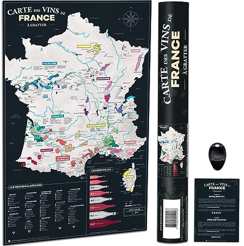 Bonanzana - Carte des Vins de France à Gratter - 70 x 42 cm - Poster Carte à Gratter - Avec 200 Vignobles, 82 Cépages & 8 Bouteilles - Idée Cadeau Vins Noël Anniversaire - SMFRV
