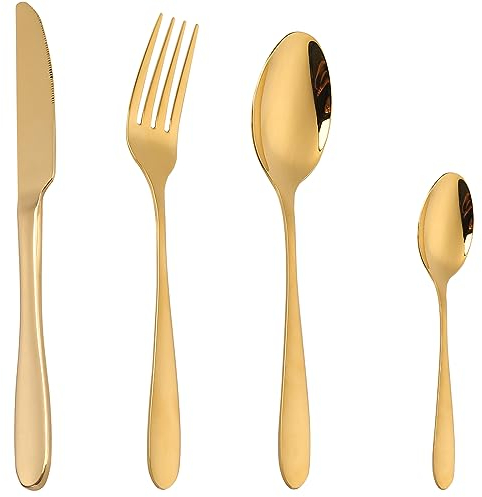 CAOPAOTI Set couverts de table dorés 24 pièces, Ensemble de couvert or acier inoxydable service 6 personnes, Ménagére avec steak couteau fourchette cuillère, Poli Brillant et lavable au lave-vaisselle