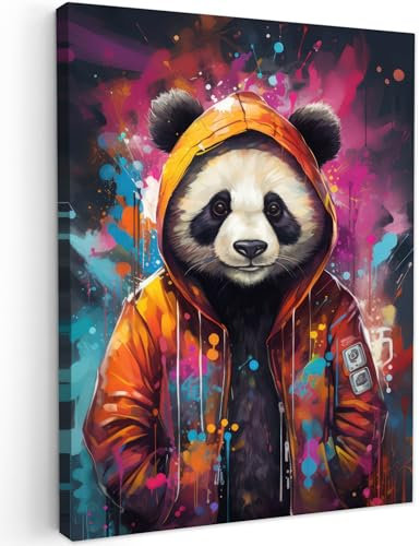 MuchoWow© Leinwand Bilder 60x80 cm Wanddeko Wohnzimmer Aesthetic Room Decor Deko Zimmer Wandbilder Modern Fotogeschenke Banksy - Street Pop Art - Panda - Mantel - Graffiti - Orange