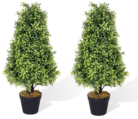 Azoco Künstliche Buchsbaum-Formschnittbäume, 76,2 cm, UV-beständige Kunstpflanzen für Veranda, Außen-Übertopf, realistische künstliche kegelförmige Büsche und Sträucher, 0,8 m, 2 Stück