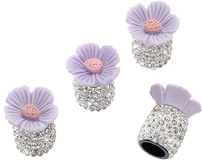iSpchen 4 Stück Diamant-Ventildeckel für Autos,Kirschblüten Universal-Reifen-Ventilkappen Auto Reifenkappen Ventilkern Reifen Ventilschaftabdeckungen für Auto, LKW, Motorrad, Fahrrad,lila