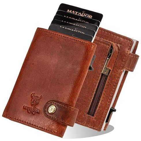 MATADOR Slim Wallet London - Kreditkartenetui Leder mit POP-UP Kartenhalter - mit Münzfach & RFID-Schutz - Mini Geldbeutel Klein - kleines Karten Portemonnaie mit Geschenk-Box Vintage Braun
