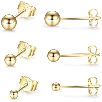 CERSLIMO Ohrstecker Gold Set, Ohrringe Sterling Silber Stecker Ball Runde Vergoldet 2mm 3mm 4mm Klein Geschenke für Damen Frauen Herren Mädchen