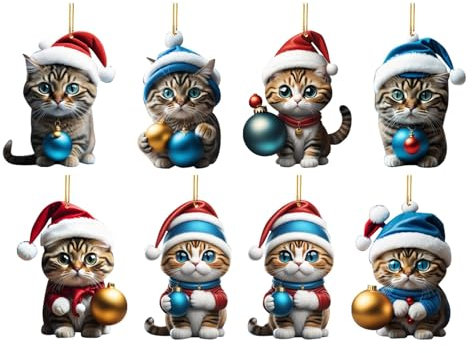 2D Acryl Weihnachtskatze Anhänger Weihnachtsdeko Niedliche Weihnachten Katzen-Kugeln Hängende Dekoration Christbaumschmuck Weihnachtsbaum Katzeanhänger für Fenster Auto Geschenk (H-7PC, 8cm)