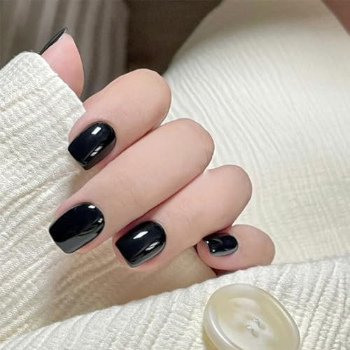 Short Square False Nails, 24Pcs Pure Solid Black Press On Nails, Daily Glossy Tips With Glue, Thicken Stick On for Women (Black)
