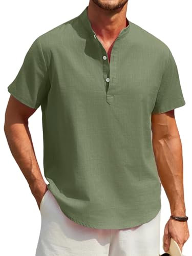 Enlision Camisas Lino Hombre Manga Corta Sin Cuello Mao Camisa Ibicenca para Hombres Verde Oliva Verano Casual Camisetas con Botónes Playa Ropa S