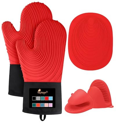 Tayfeim Lot de 5 maniques en silicone résistantes à la chaleur jusqu'à 250 °C, imperméables, doublées de coton, sans BPA, pour la cuisine, la pâtisserie, les moufles de cuisine - Rouge