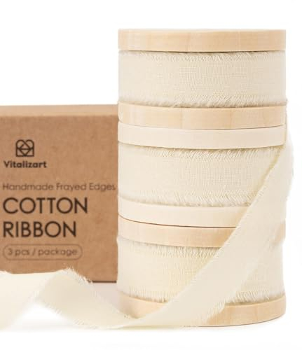 Vitalizart Baumwollband 1,6 cm x 19,2 m (3 Rollen*6,4 m) Cremeweiß, Handgefertigte Fransen Naturstoff Bänder für Hochzeit Einladungen Brautsträuße Geschenkverpackung Urlaub Dekoration