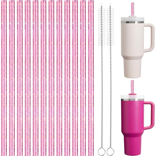 NiHome 12-Pack Glitter Replacement Straws for Stanley Tumbler 40OZ & 2 Cleaning Brushes Set, 12 Length BPA-Free Durable PETG Material for Various Beverages & Cups, Adds Sparkle to Your Drinks (Pink)