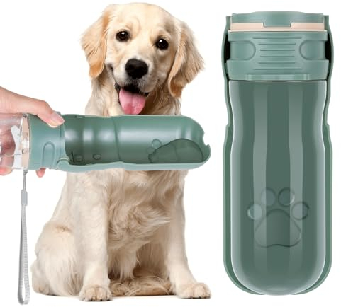 AiQInu Gourde Chien 520ML, Bouteille d'eau pour Chien, 180° Pliable, Filtre à Charbon Actif, Distributeur Eau Chien pour Camping Randonnée, vert