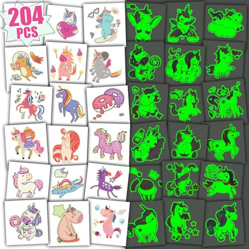 Leesgel 204 Stück Einhorn Tattoo für Mädchen, Leucht Tattoos Sticker Kinder Set, Einhorn Geburtstagsdeko Mädchen Einhorn Geschenke für Mitgebsel Kindergeburtstag Party Gadgets