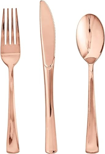 Lot de 30 couverts en plastique doré - Ustensiles en plastique résistants pour fête et mariage - Couverts réutilisables en plastique - 10 fourchettes,10 cuillères,10 couteaux (or rose)
