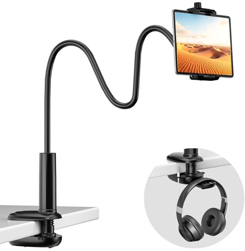 KDD Schwanenhals Tablet Halterung für Bett, Verstellbarer Tablet Halterung Bett mit Kopfhörer Halter, Flexible Handyhalterung Bett für Tisch, ipad Halterung für ipad Pro 12.9 Air Mini, Phone, Switch