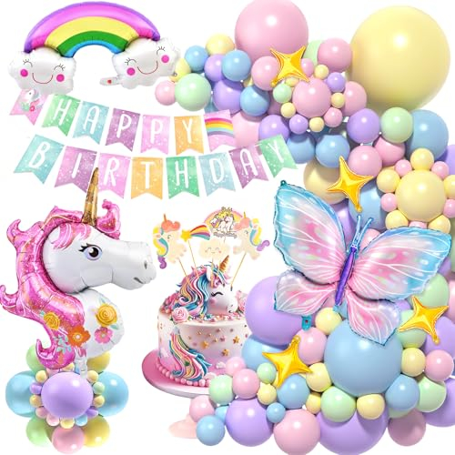 TicKiddos Einhorn Geburtstagsdeko Mädchen, Einhorn Deko Kindergeburtstag, Deko Luftballons Kindergeburtstag,1-10 Jahre Happy Birthday Deko, Schmetterling Folienballon Geburtstag Mädchen Deko